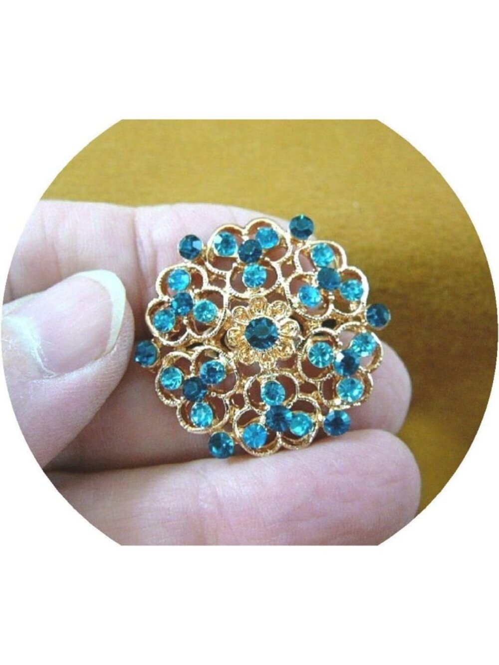 Sparkling Blue Rhinestone Flower Brooch Pin - Vintage Crystal Filigree Accessory